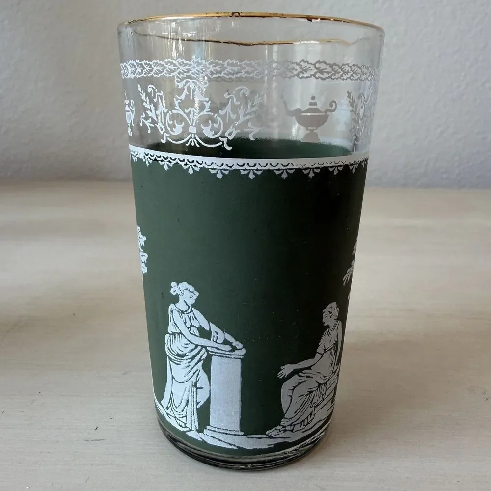 Set of 2 Vintage Jeanette Juice Glass Green Hellenic Jasperware Style Gold Rim